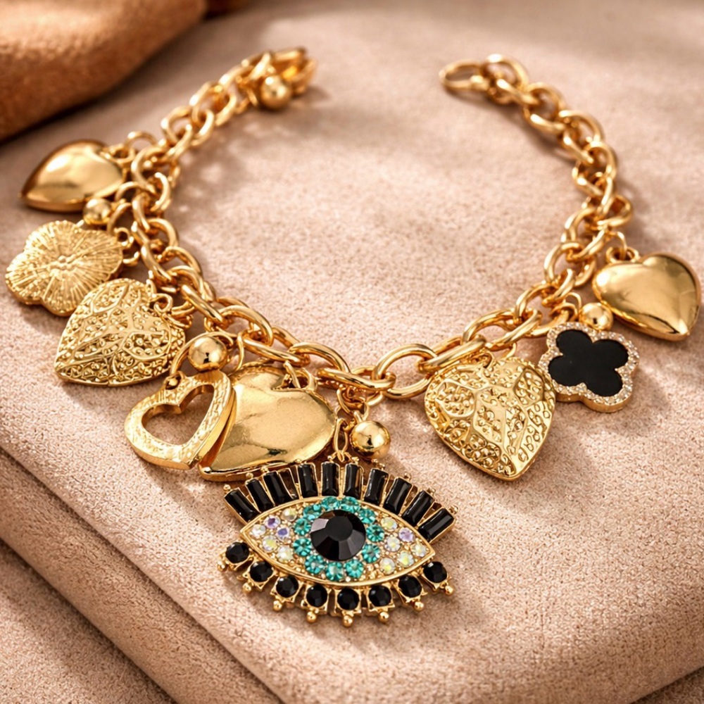 Costume Handmade Upcycled Charm Bracelet with Clovers, Hearts, and Eye Pendant